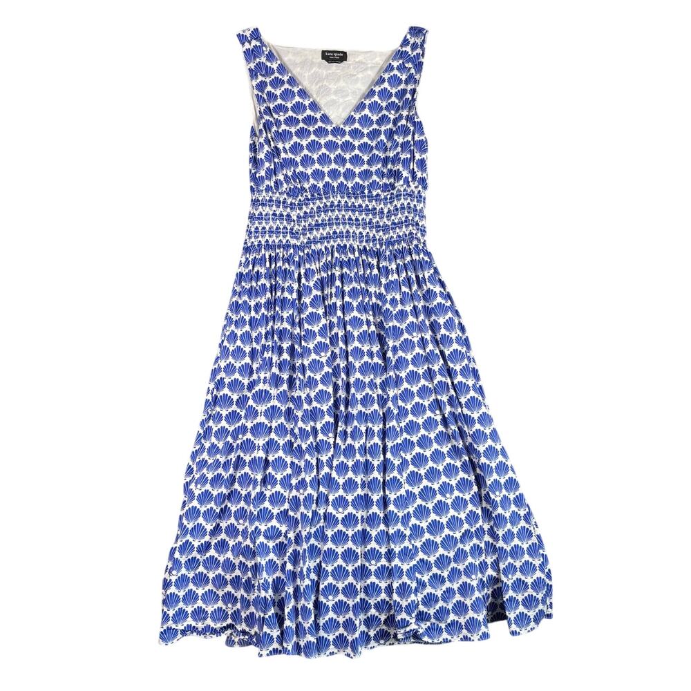 Kate Spade New York XXL Blue White Shell Print Smocked Midi Dress Cotton Pockets - Picture 2 of 11